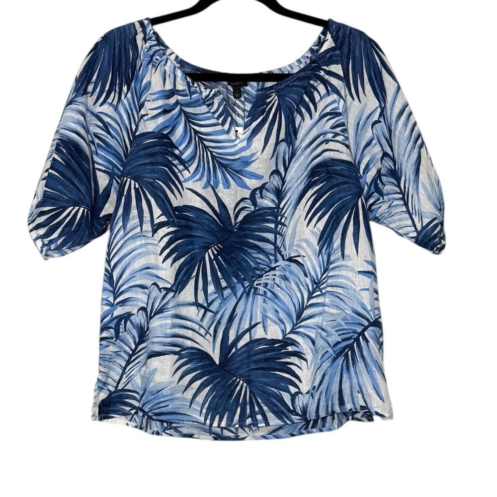 Talbots Shirt Size Small Blue White Linen Palm Leaf Puff Sleeve Split Neck